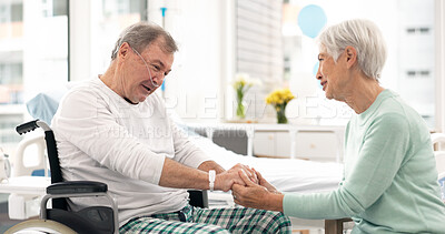 Hospital, talking and woman visit man for comfort, care and support for wellness, service and surgery. Healthcare, medical clinic and friend with patient for recovery, rehabilitation and conversation