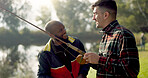 Fishing, lake and friends in nature talking on holiday, adventure and vacation together outdoors. Friendship, conversation and men with rods by river for sports hobby, activity and catching fish