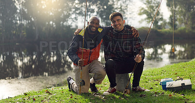 Fishing, lake and friends hug in nature on holiday, adventure and vacation together outdoors. Friendship, happy and portrait of men with rods by river for sports hobby, activity and catching fish