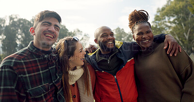 Group, couple of friends and laughing outdoor for fun, quality time and bonding together. Happy men, women and diversity of people hug with smile for support, freedom and funny double date at park