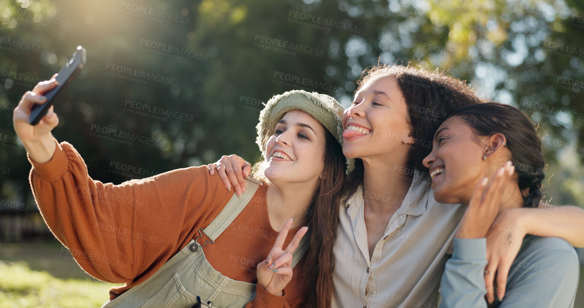 Buy stock photo Friends, camping and selfie, women in nature for summer vacation together with smile and trees. Relax, happy woman and girls taking picture in forest on camp holiday, friendship and fun outdoor time.