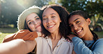 Selfie of group of women, camping and nature for summer vacation with smile, trees and sunshine. Relax, portrait of happy friends in forest on camp holiday with friendship, diversity and outdoor time