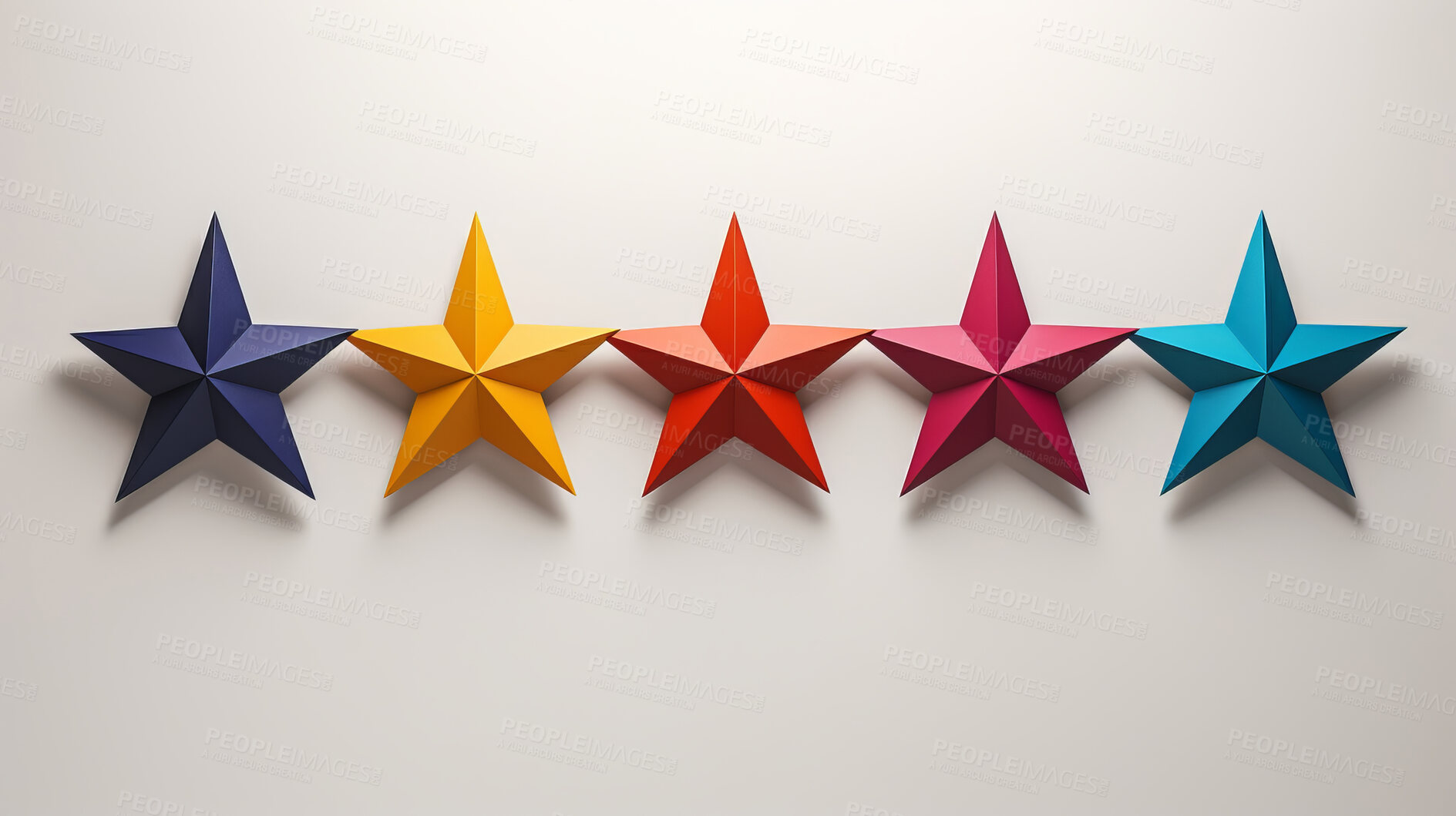 Buy stock photo Five gold star rating on blue and red. Feedback, review, and rate us concept