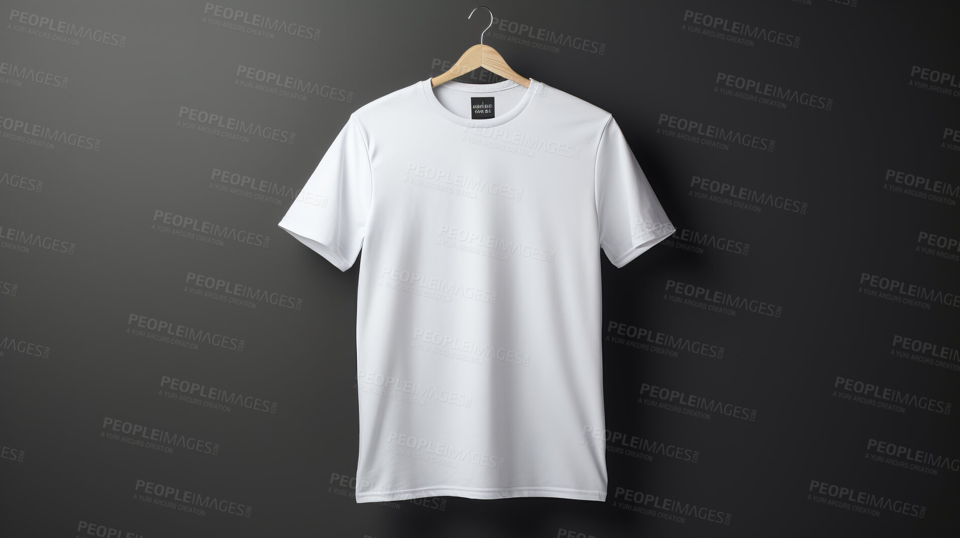 Buy stock photo White t-shirt mockup with copyspace on dark background on hanger, front view