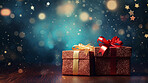 Birthday gift box with copyspace for holiday or Christmas present on bokeh background