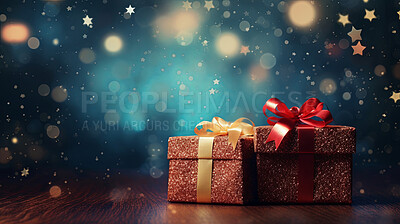 Birthday gift box with copyspace for holiday or Christmas present on bokeh background