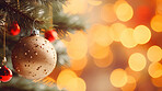 Christmas holidays banner, tree decorated with ornaments, bokeh background