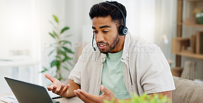 Consulting, remote work and call center worker with a laptop for online advice and conversation. Contact us, explaining and man speaking for customer service, support and telemarketing on a computer