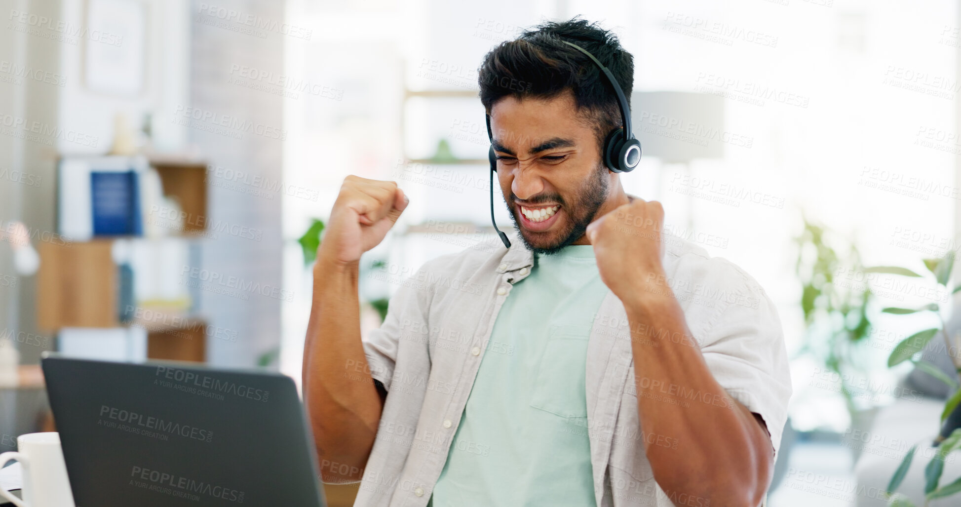 Buy stock photo Success, win and call center worker with a laptop to celebrate a target, goal or bonus in remote work. Winning, excited and customer service agent cheering for good news, email and telemarketing