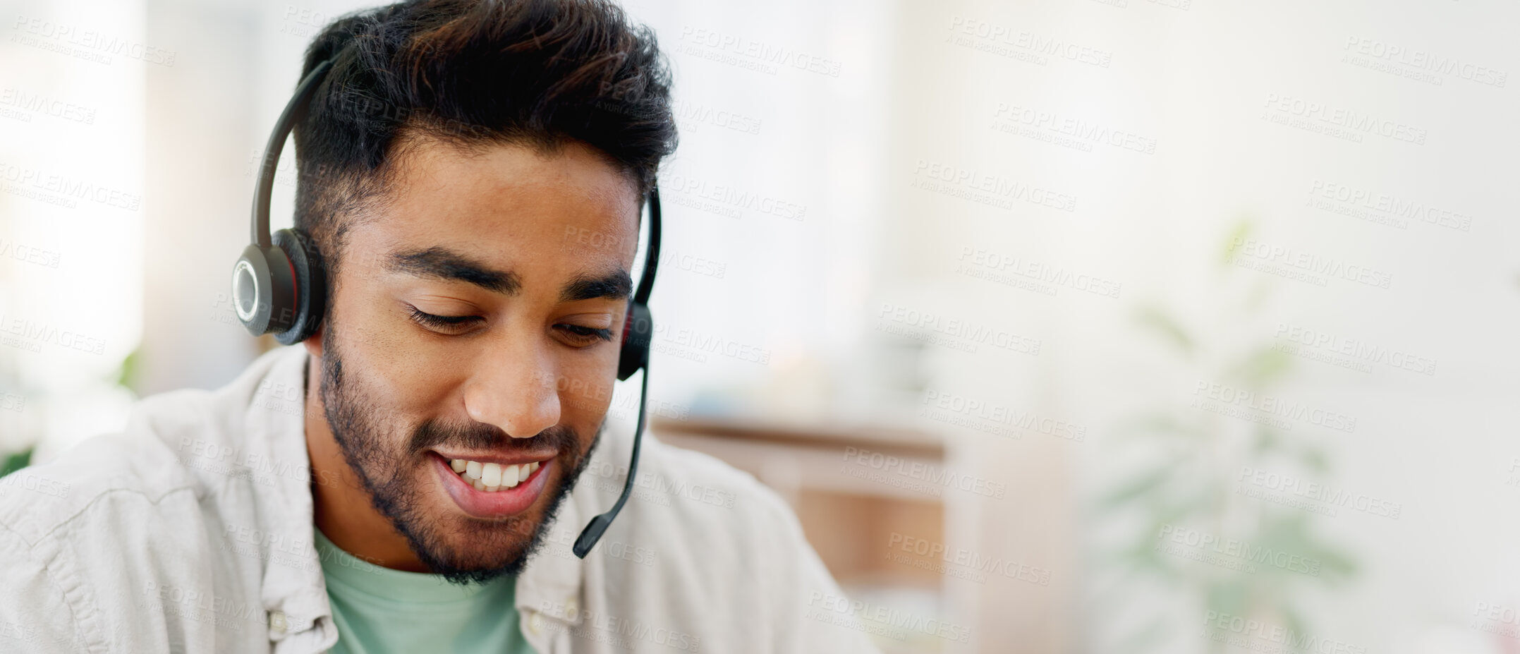 Buy stock photo Consulting, remote work and call center worker with a laptop for online advice and conversation. Contact us, explaining and man speaking for customer service, support and telemarketing on a computer