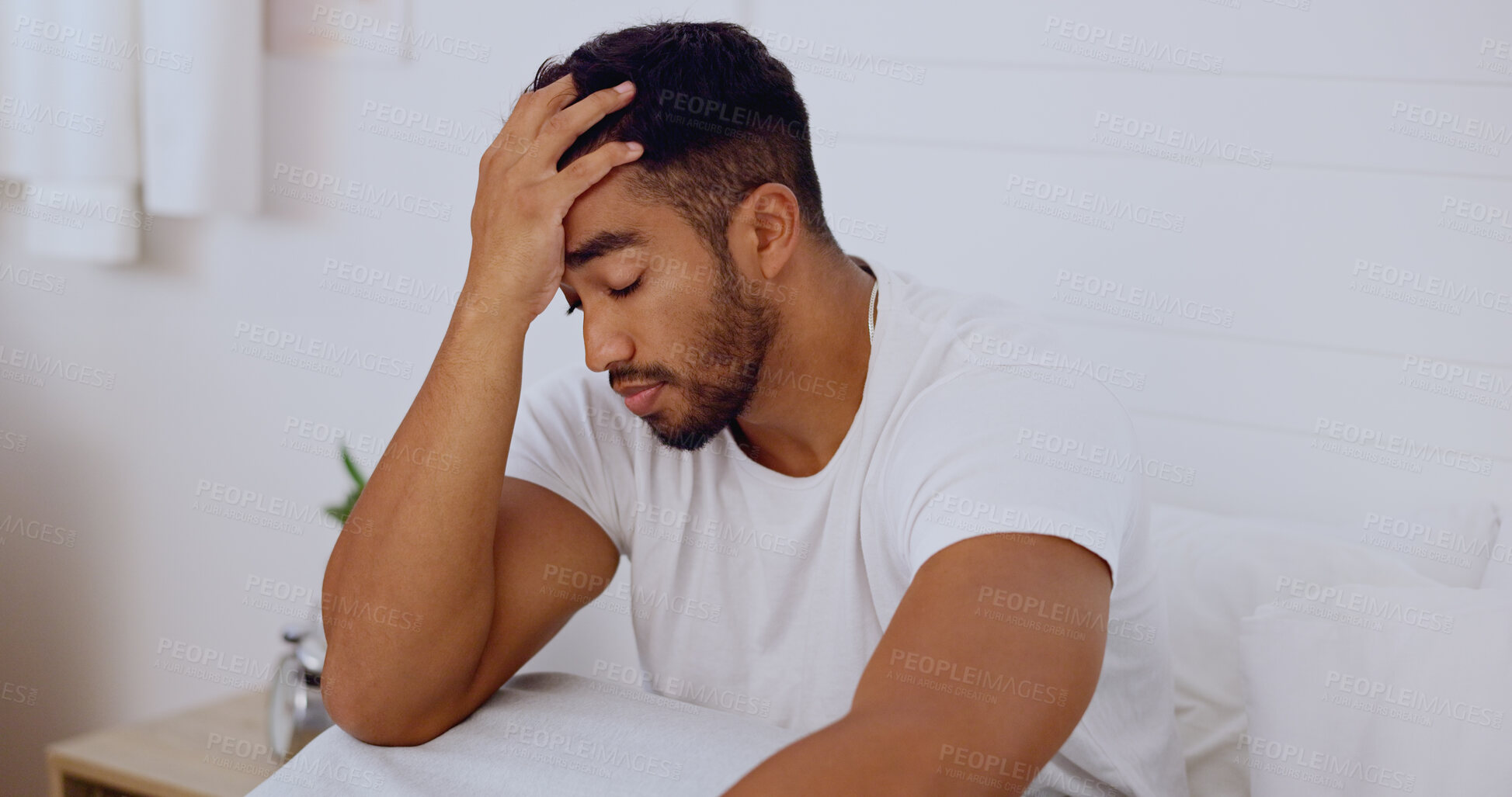 Buy stock photo Stress, morning and man in bed with depression problem, insomnia and anxiety alone at home. Mental health, sadness and unhappy male in bedroom depressed, worried and frustrated from sleeping issue