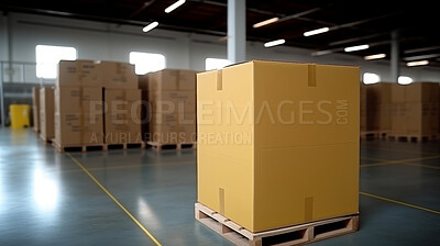 Pallets with boxes in delivery service warehouse. Storage hangar for logistics processes