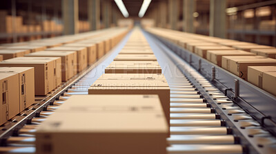 Buy stock photo Cardboard box packages on moving conveyor belt in delivery warehouse fulfillment center.