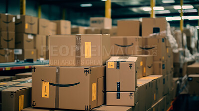 Buy stock photo Cardboard boxes in warehouse storage for retail store, internet online shopping concepts