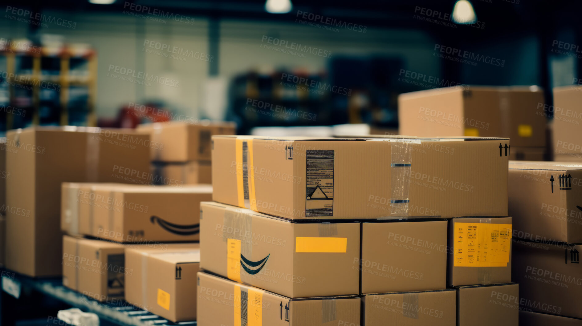 Buy stock photo Cardboard boxes in warehouse storage for retail store, internet online shopping concepts