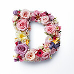 Colorful alphabet capital letter D made with flowers. Spring summer flower font.