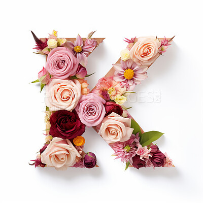 Colorful alphabet capital letter K made with flowers. Spring summer flower font.
