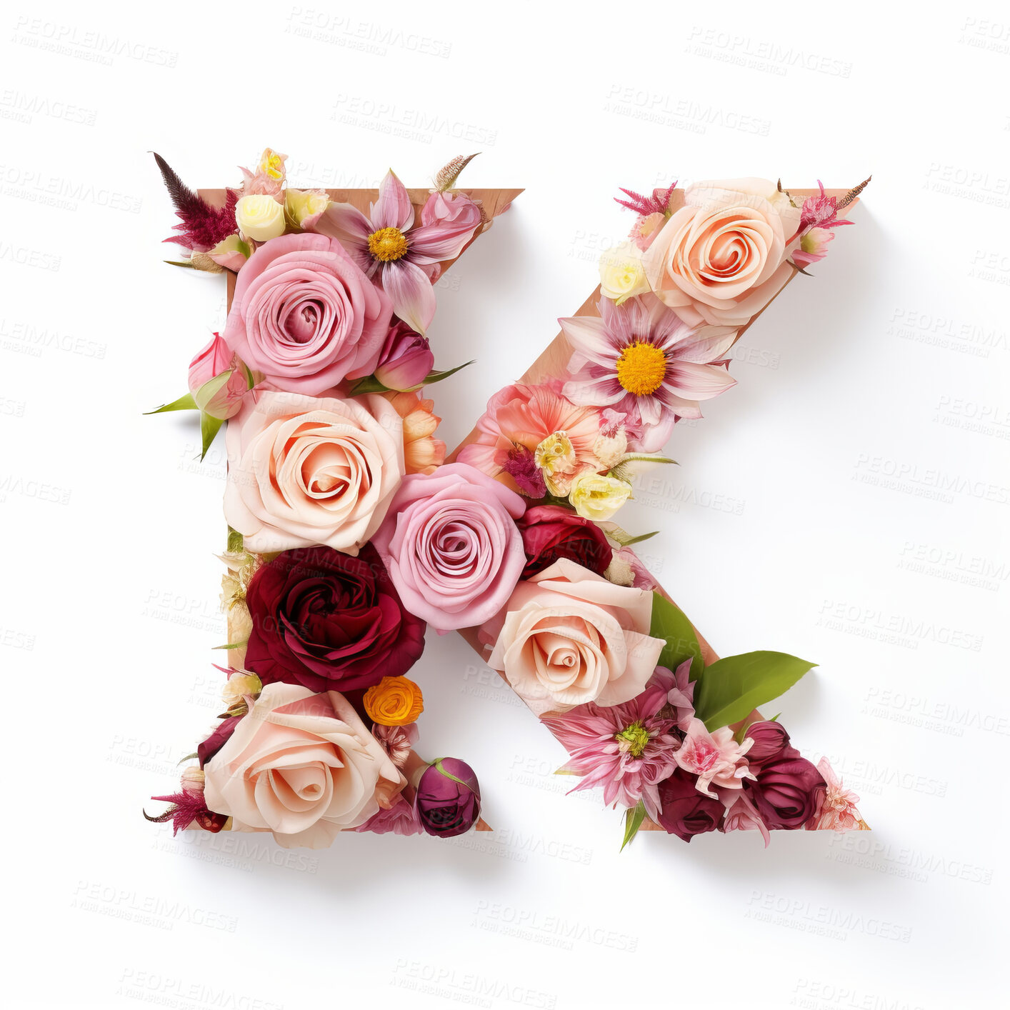 Buy stock photo Colorful alphabet capital letter K made with flowers. Spring summer flower font.