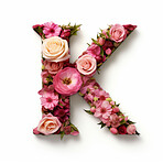 Colorful alphabet capital letter K made with flowers. Spring summer flower font.