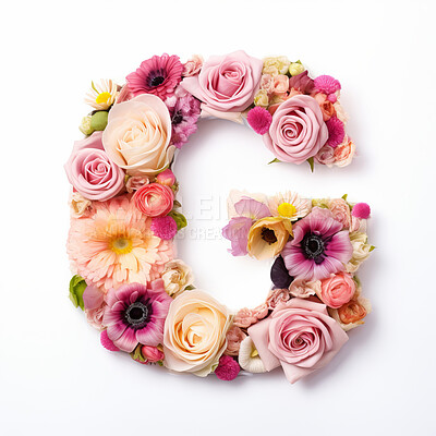 Colorful alphabet capital letter G made with flowers. Spring summer flower font.