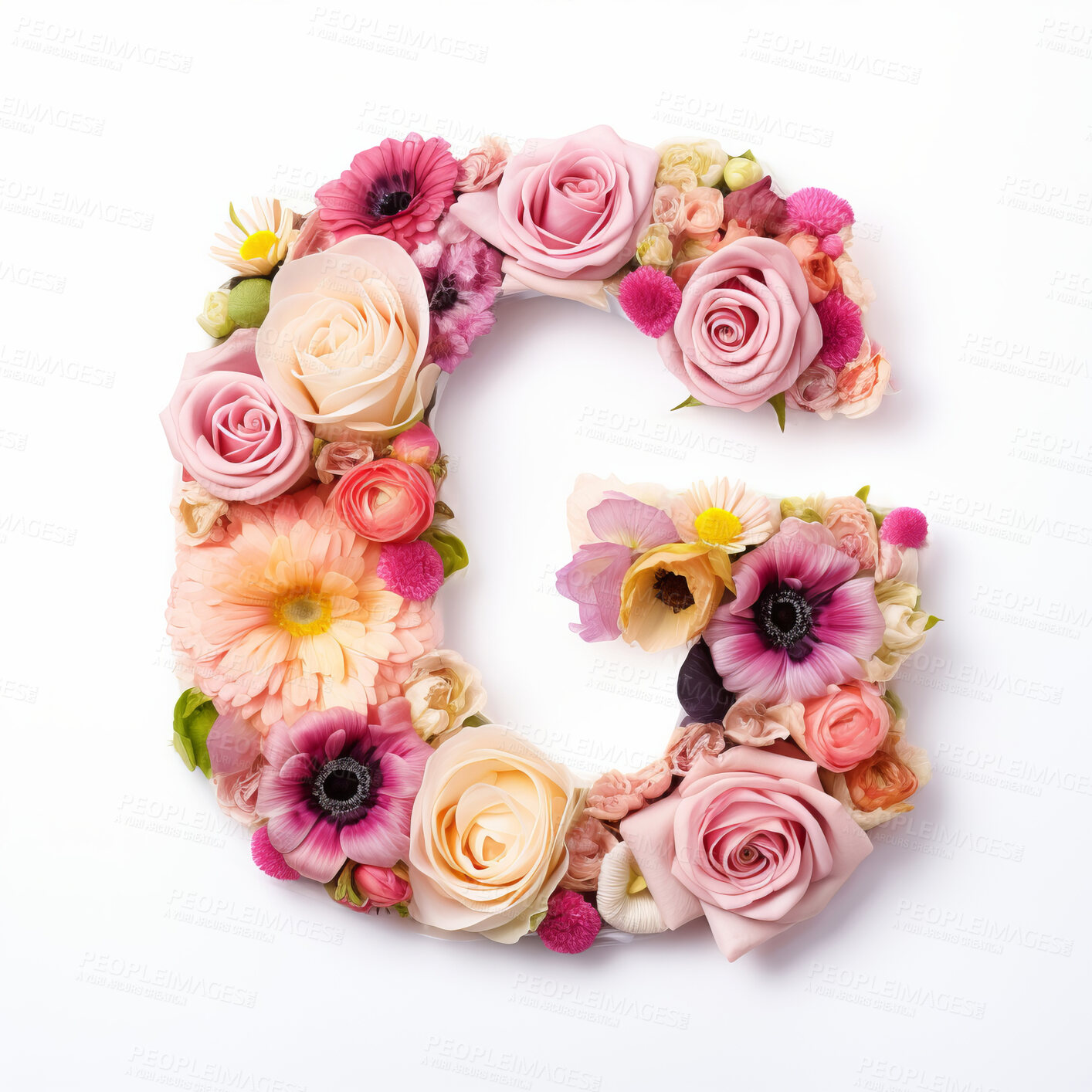 Buy stock photo Colorful alphabet capital letter G made with flowers. Spring summer flower font.