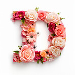 Colorful alphabet capital letter D made with flowers. Spring summer flower font.