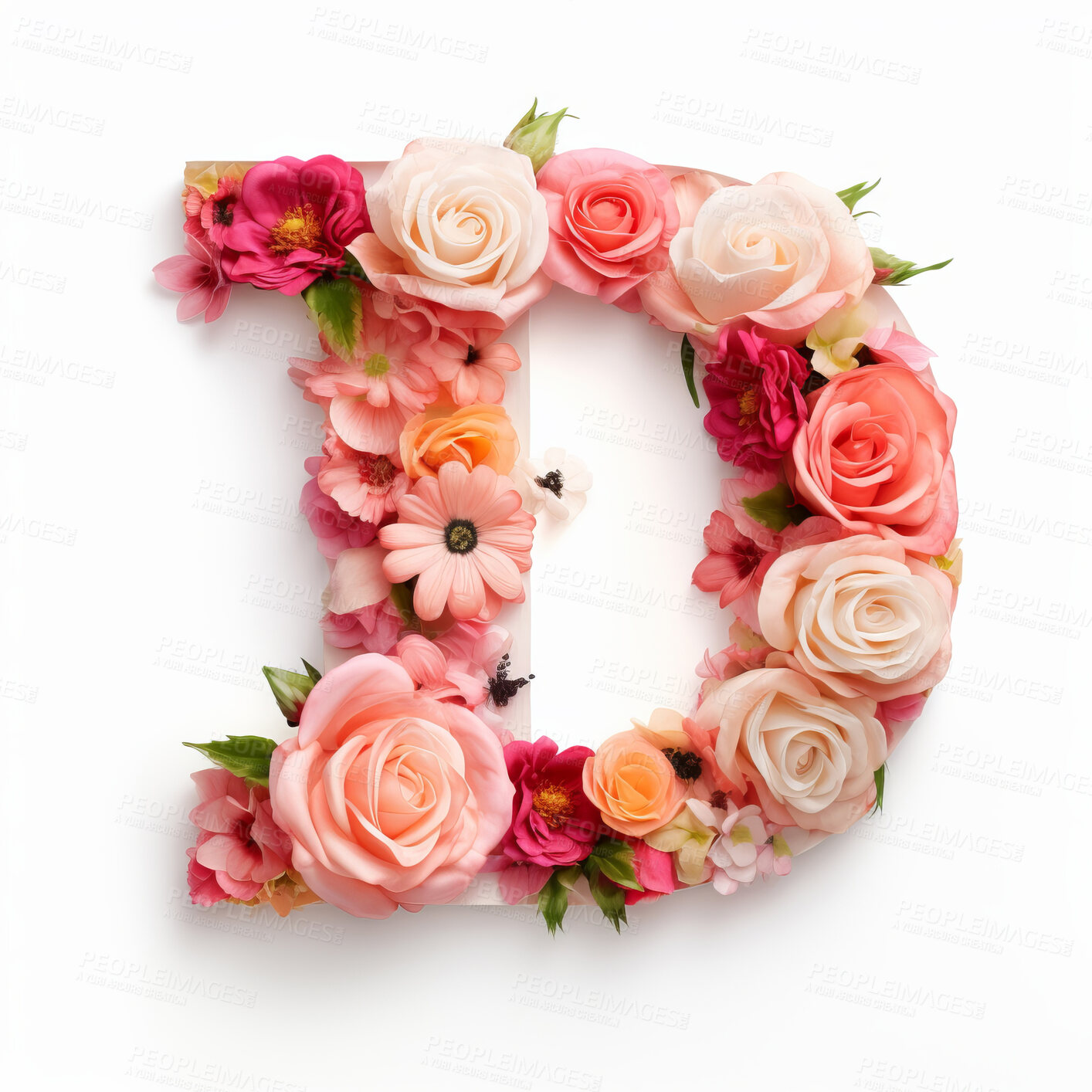 Buy stock photo Colorful alphabet capital letter D made with flowers. Spring summer flower font.