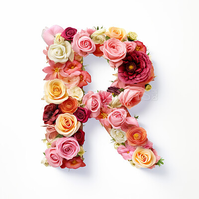 Colorful alphabet capital letter R made with flowers. Spring summer flower font.