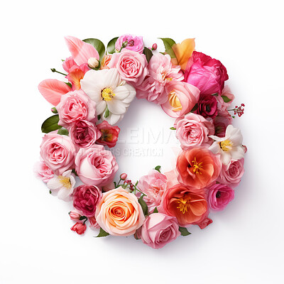 Colorful alphabet capital letter O made with flowers. Spring summer flower font.