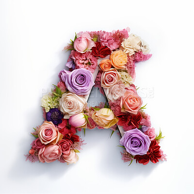Colorful alphabet capital letter A made with flowers. Spring summer flower font.