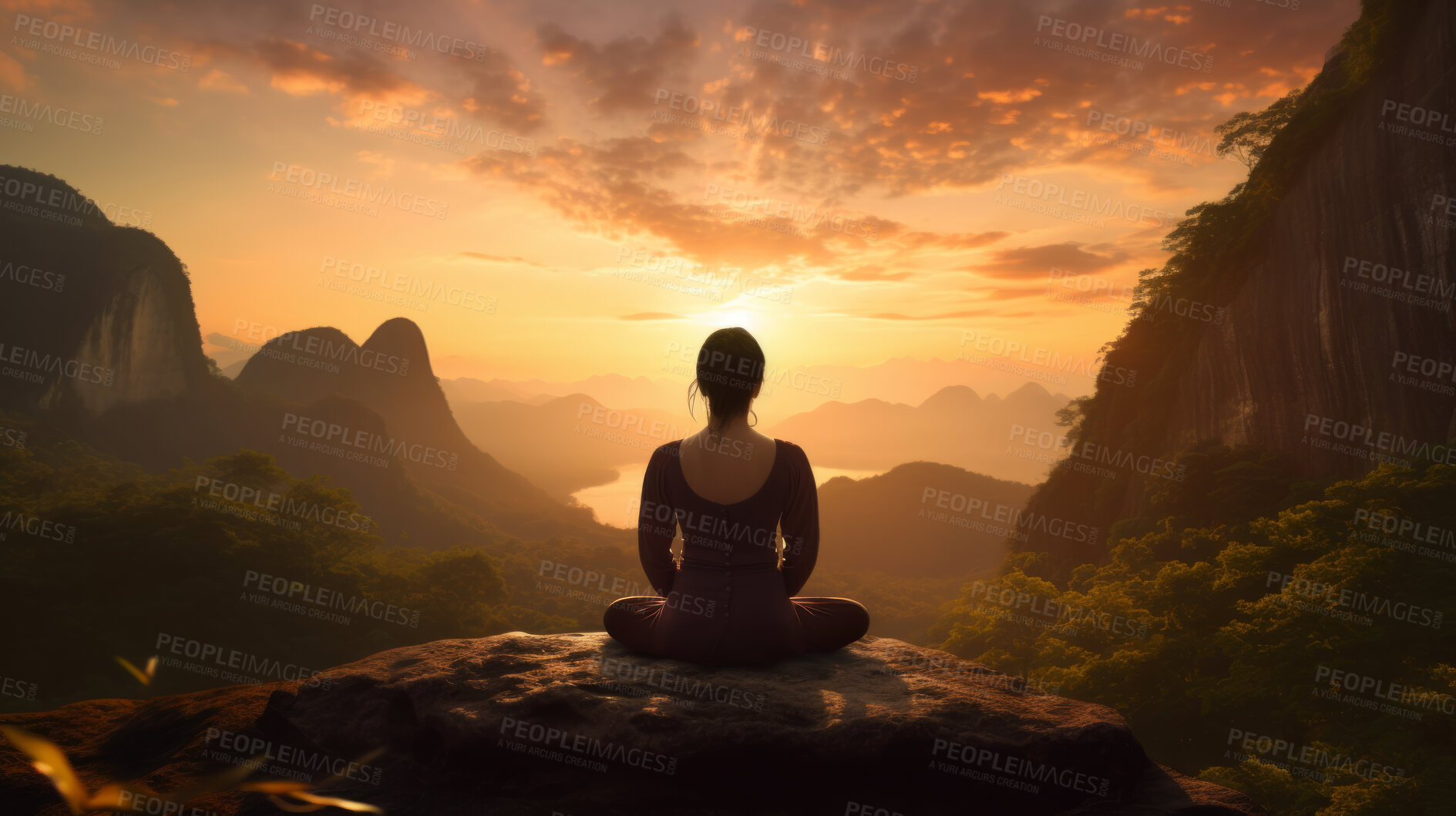 Buy stock photo Silhouette of woman meditating in lotus sit position. Yoga in the morning. Mindfulness in nature.