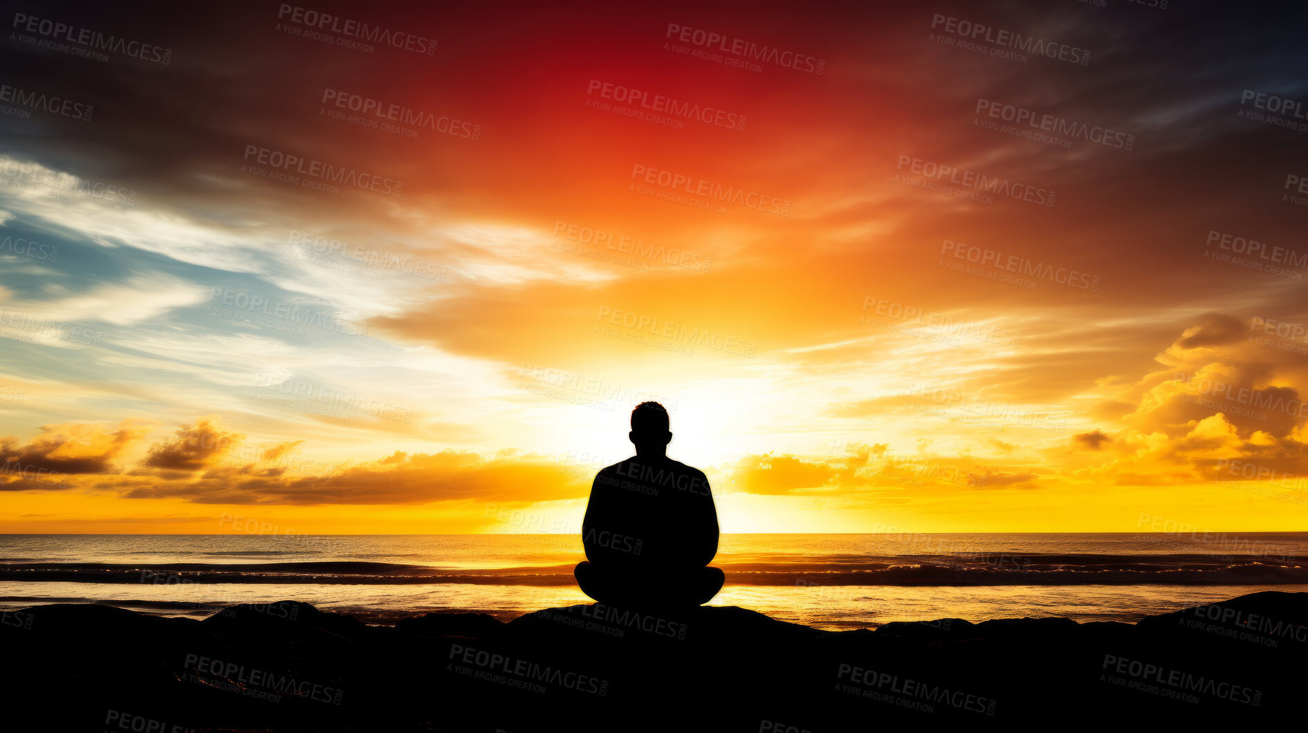 Buy stock photo Silhouette of man meditating in lotus sit position. Yoga in the morning. Mindfulness in nature.