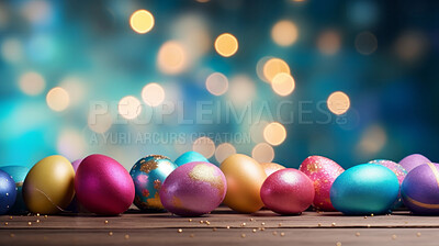 Many colorful easter eggs on white copysapce background. Chocolate candy in bokeh studio