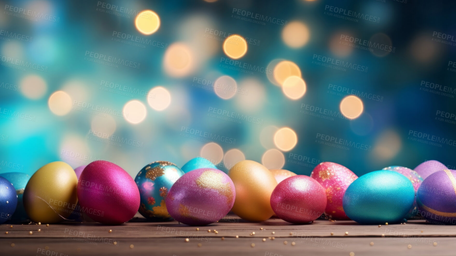 Buy stock photo Many colorful easter eggs on white copysapce background. Chocolate candy in bokeh studio