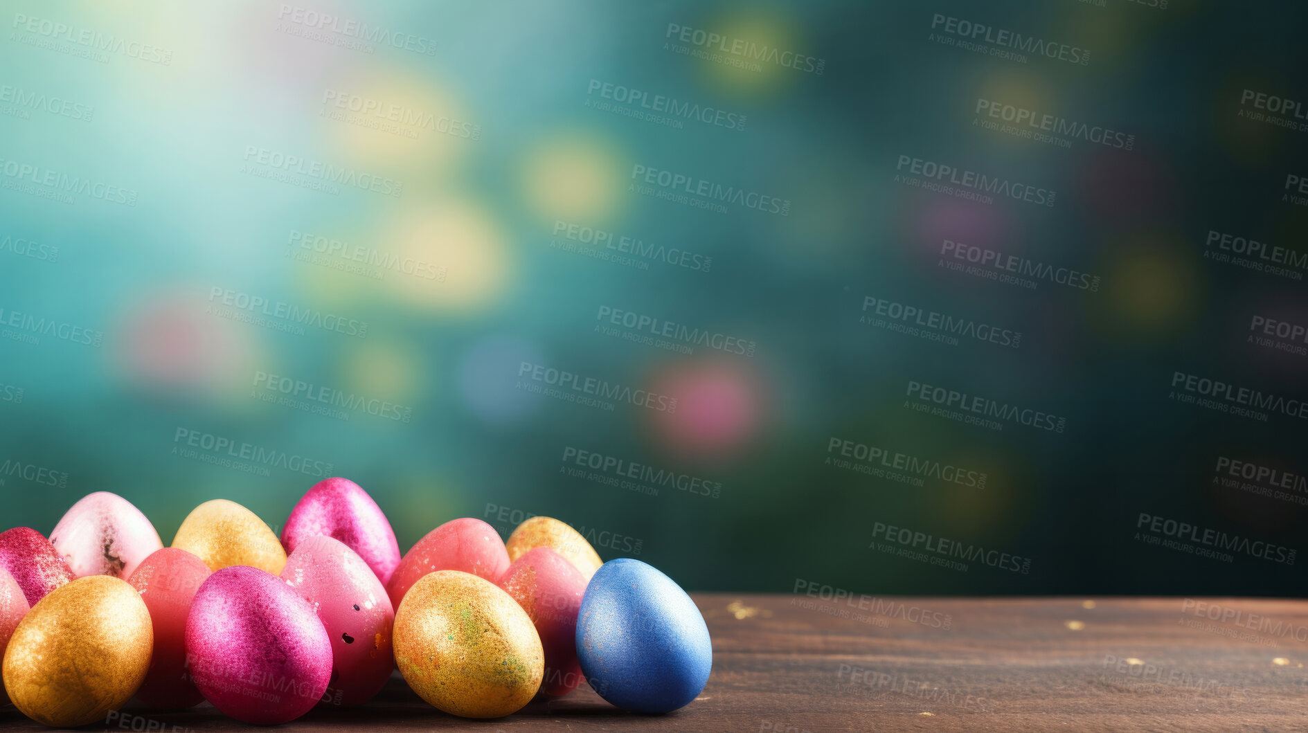 Buy stock photo Many colorful easter eggs on white copysapce background. Chocolate candy in bokeh studio