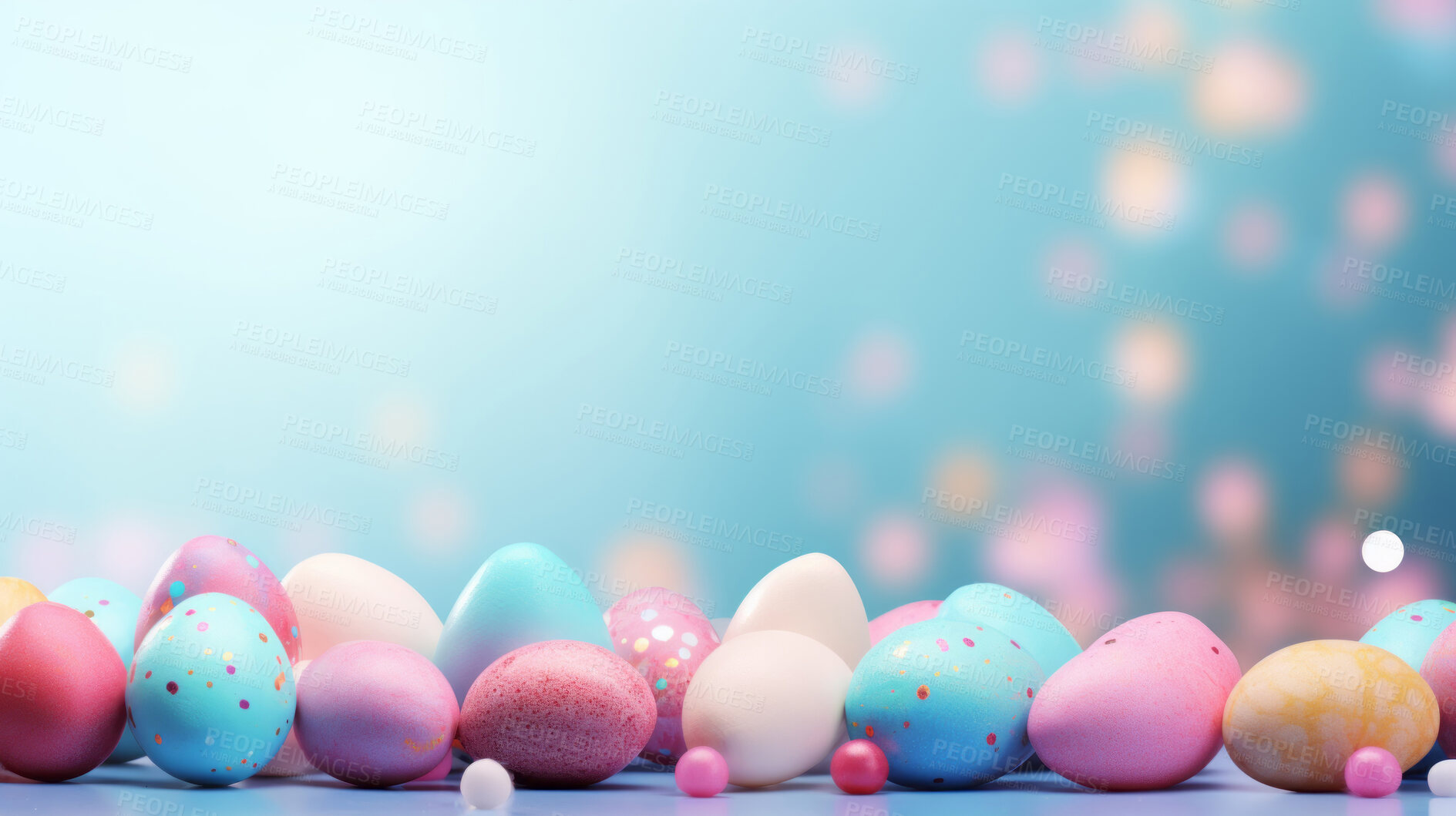 Buy stock photo Many colorful easter eggs on white copysapce background. Chocolate candy in bokeh studio