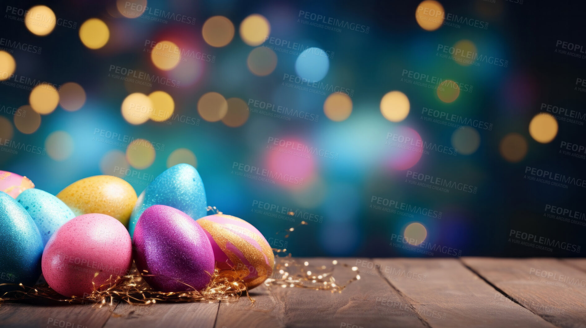 Buy stock photo Many colorful easter eggs on white copysapce background. Chocolate candy in bokeh studio