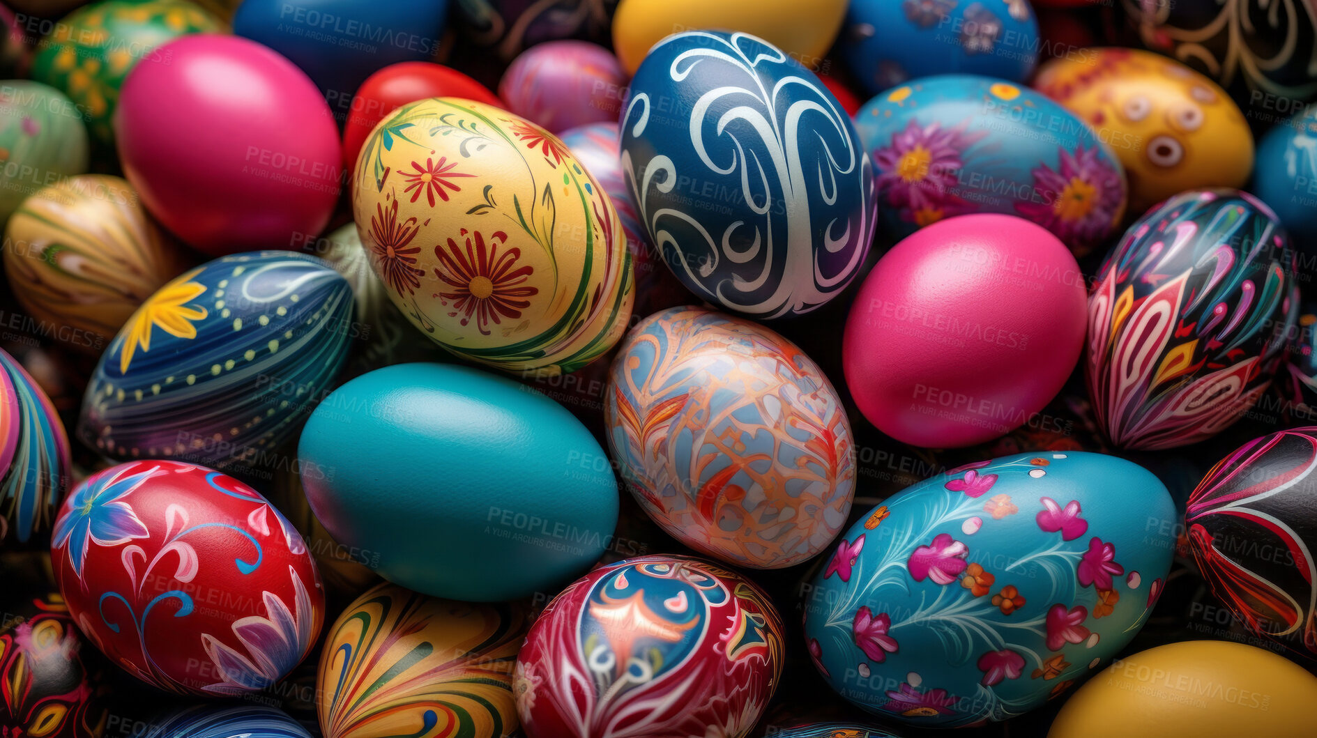 Buy stock photo Colorful pile of easter eggs top down view full frame. Festive background banner