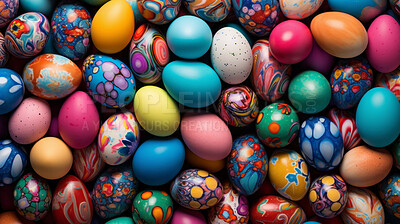 Colorful pile of easter eggs top down view full frame. Festive background banner