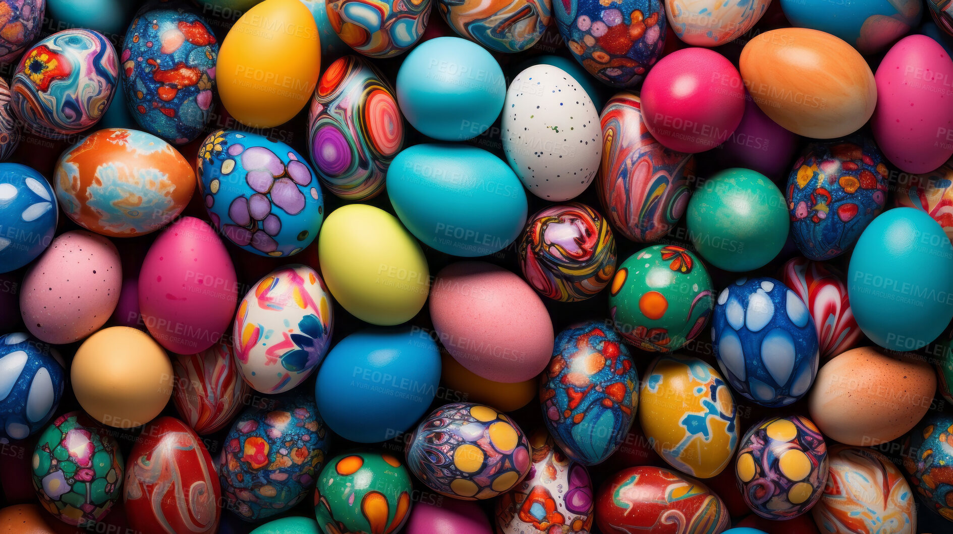 Buy stock photo Colorful pile of easter eggs top down view full frame. Festive background banner