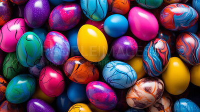 Colorful pile of easter eggs top down view full frame. Festive background banner