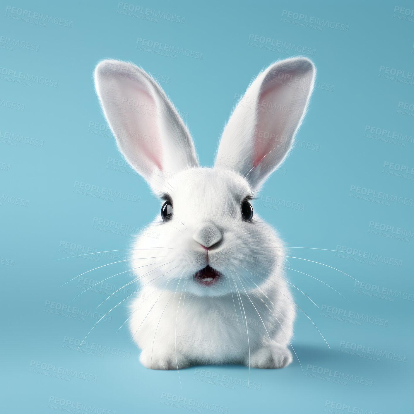 Buy stock photo White bunny on blue copyspace background in studio. Festive Easter concept