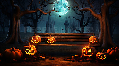 Spooky halloween carved pumpkins on bench illustration. Jack-o-lanterns at night