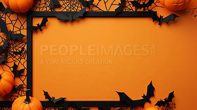 Halloween party greeting card mockup with bats and pumbkins on orange copyspace background