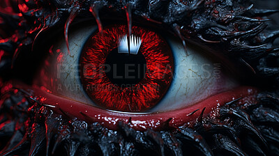 Closeup of red monster eye. Halloween beast fantasy creature concept