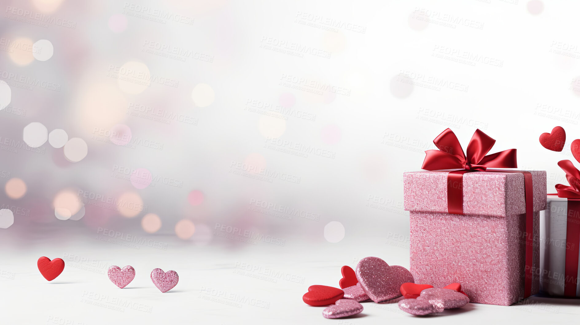 Buy stock photo Gift boxes with hearts on white copyspace background. Birthday, Valentines or anniversary present