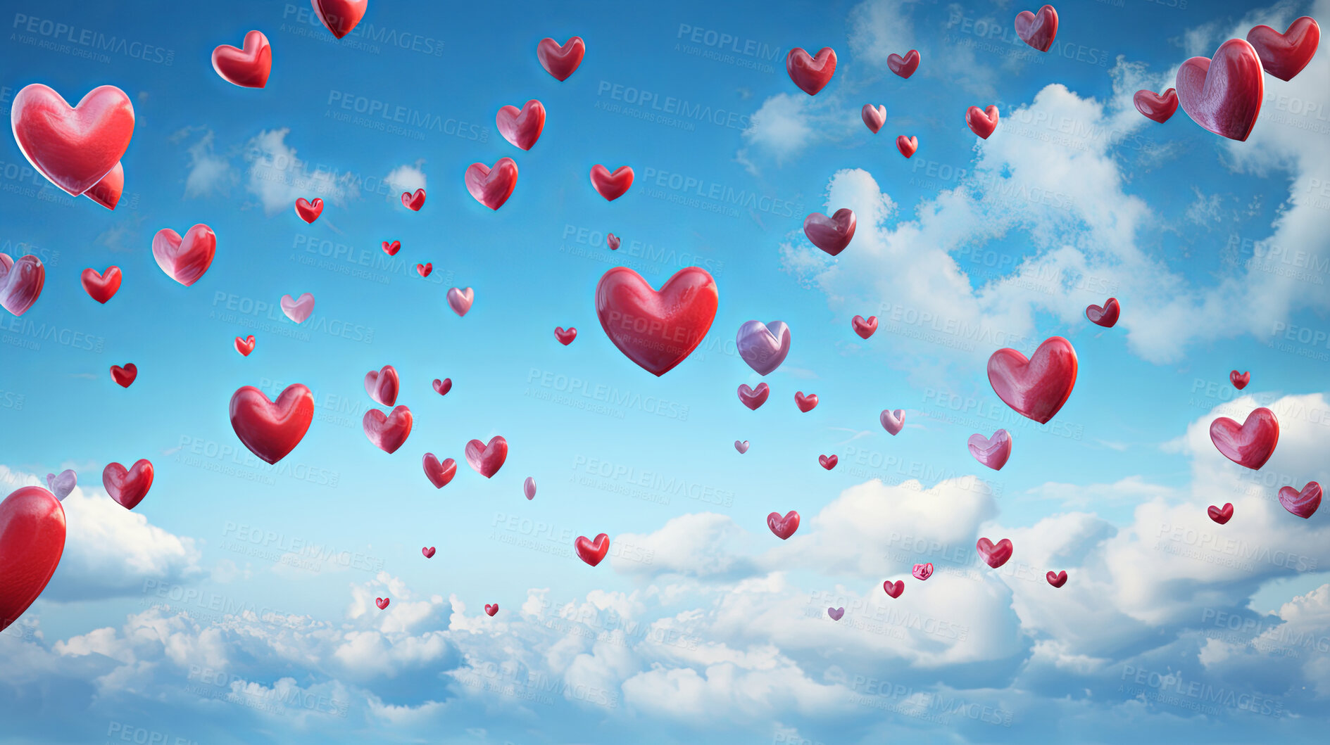 Buy stock photo Red heart ballons in blue sky, white clouds and copy space. Love background concept