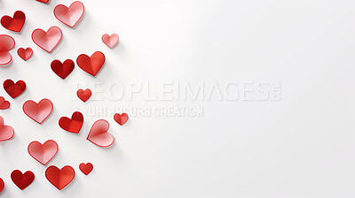 White background with red hearts and copy space. Wedding invitation, Valentines Day party.