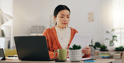 Remote work, paperwork and Asian businesswoman working on laptop from home, house or apartment. Freelance, worker and professional employee review report and planning company strategy on documents