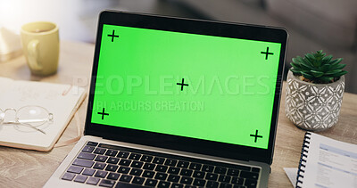 Laptop, green screen and chromakey with woman in work from home application, website or online software mockup. Computer mock up of person planning, internet or Web 3.0 space for product placement